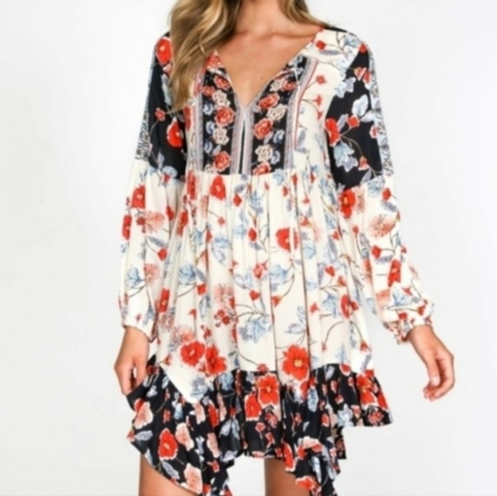 Patrons of Peace Vermont Yellow Black Red Floral Babydoll Dress Medium
